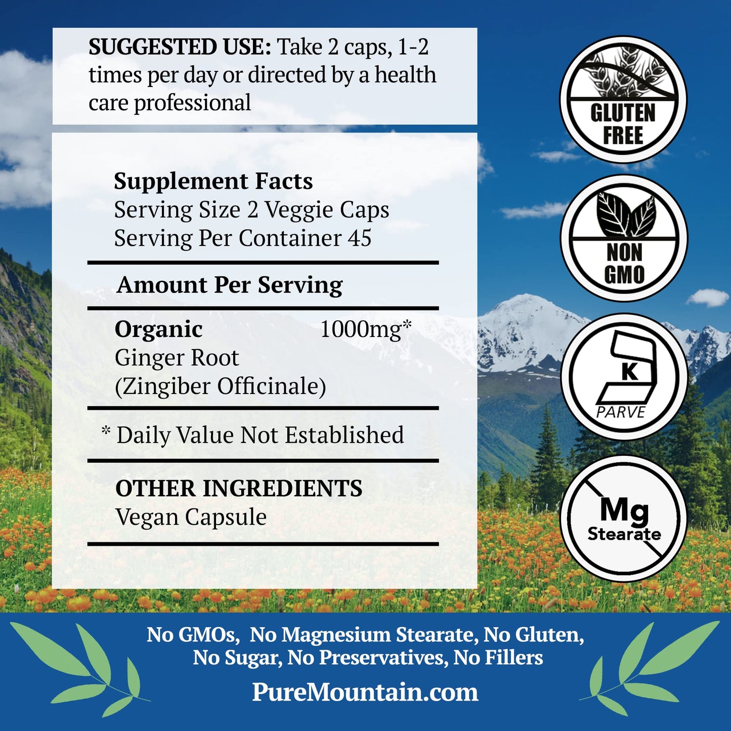 USA imported organic ginger root vegan capsules for stomach comfort and nausea relief.