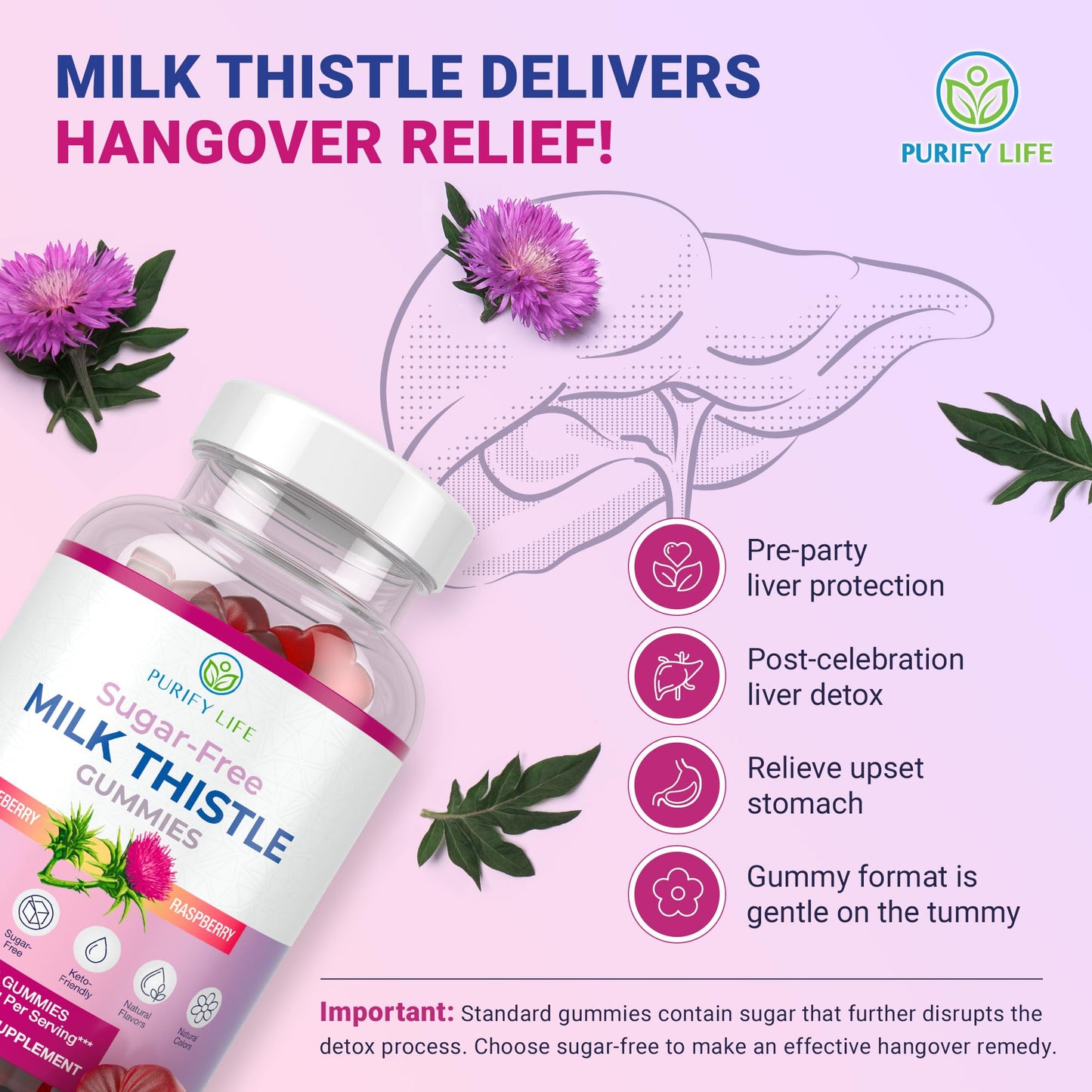 Purify Life sugar free milk thistle supplement bottle showing blueberry raz flavor details