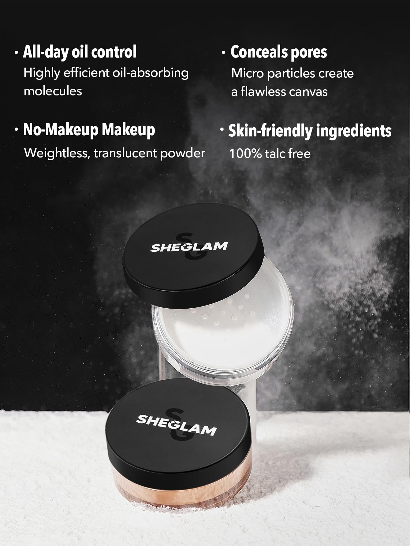 SHEGLAM translucent pore-less flawless face powder packaging details