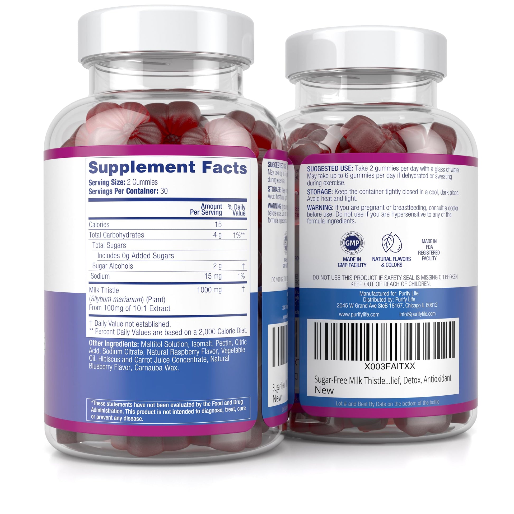 Purify Life non GMO gluten free milk thistle gummies bottle on a white background