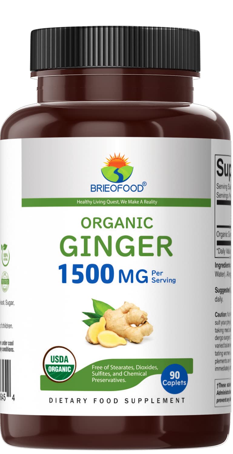 Brieofood Organic Ginger 90 vegetarian tablets supplement label showing organic certifications
