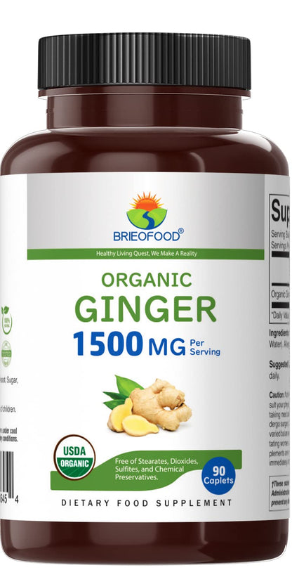 Brieofood Organic Ginger 90 vegetarian tablets supplement label showing organic certifications
