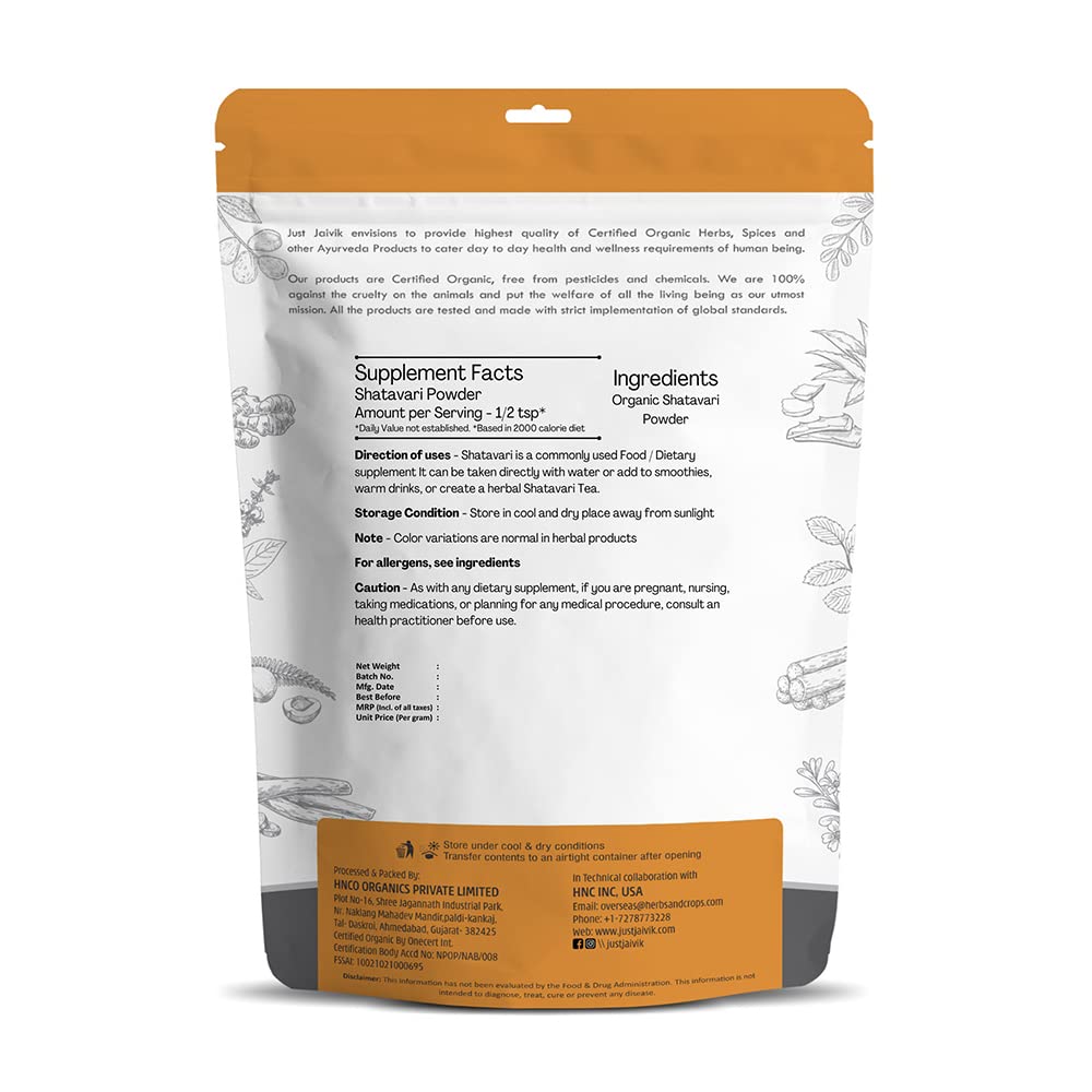Just Jaivik Shatavari powder container label details