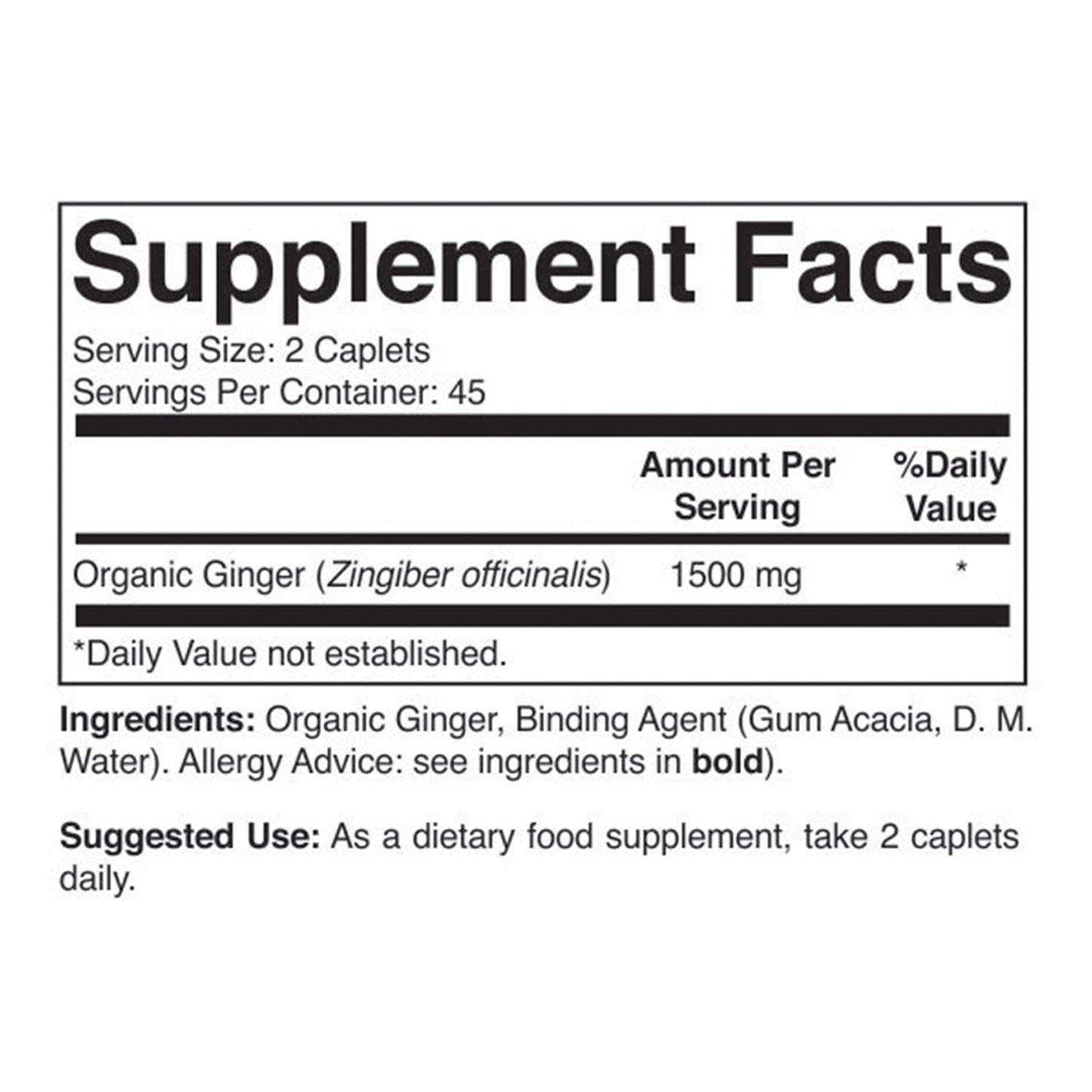 Brieofood Organic Ginger dietary food supplement bottle side view showing ingredient information