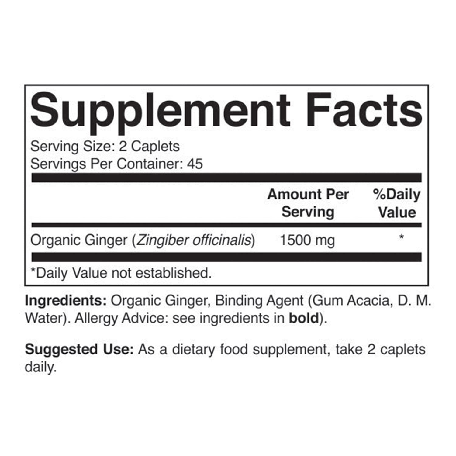 Brieofood Organic Ginger dietary food supplement bottle side view showing ingredient information