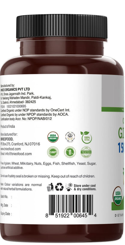 Brieofood Organic Ginger United States manufactured health supplement bottle with allergen free labels