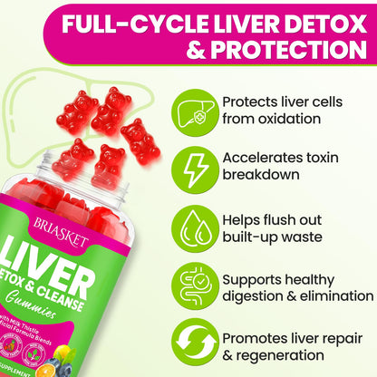Briasket sugar free liver support gummies displayed next to natural herbal ingredients like dandelion root