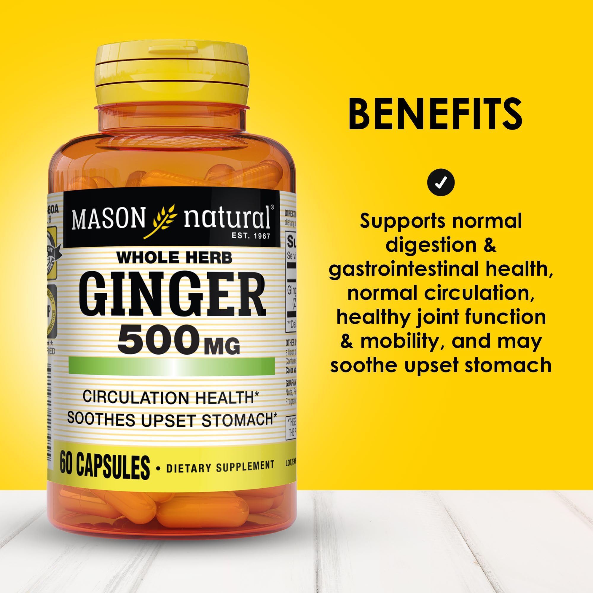 Mason Natural Ginger 500mg 60 capsules packaging showing supplement facts panel