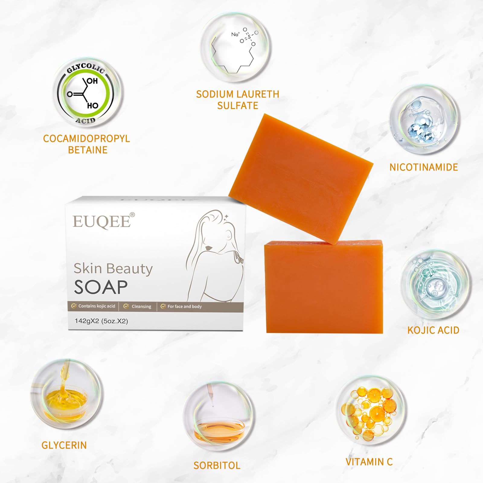 Two bars of EUQEE glutathione soap with foaming net