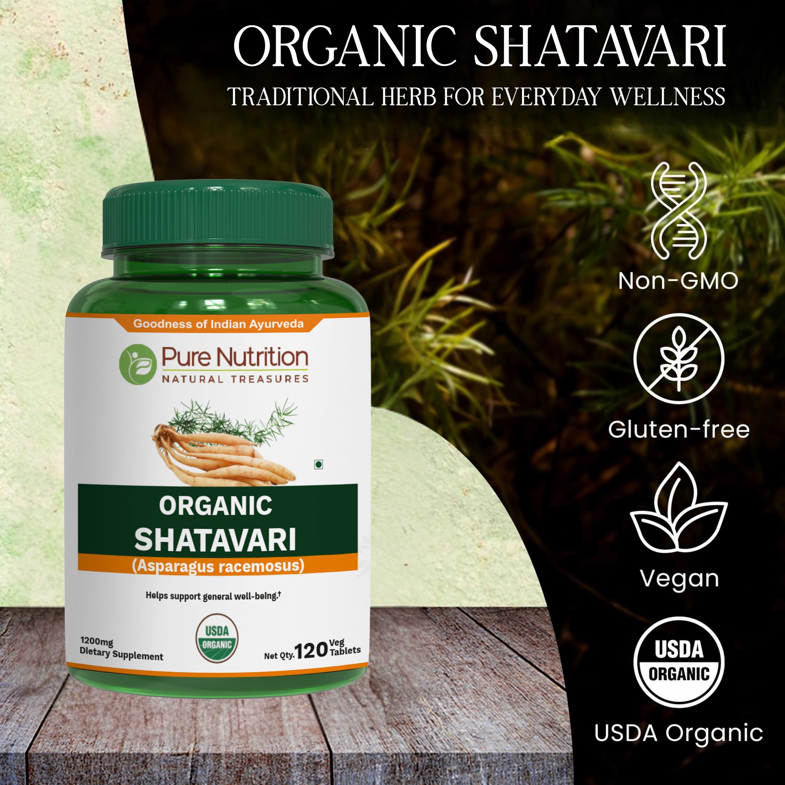Pure Nutrition Ayurvedic Shatavari supplement back label showing organic ingredients and dosage