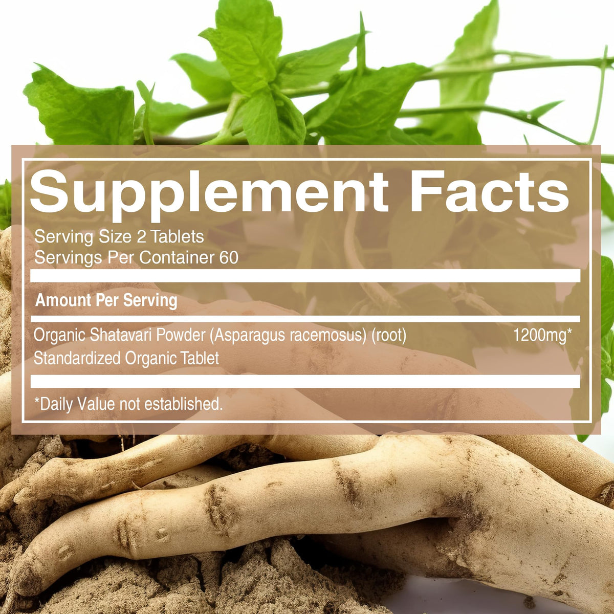 Pure Nutrition 120 vegetarian Shatavari tablets bottle side view detailing USDA organic certification