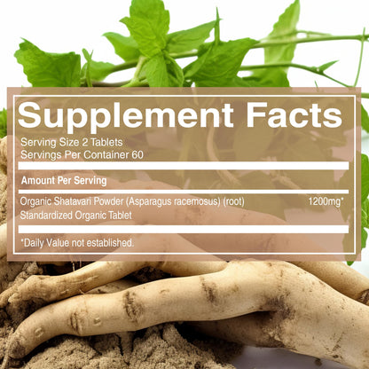 Pure Nutrition 120 vegetarian Shatavari tablets bottle side view detailing USDA organic certification