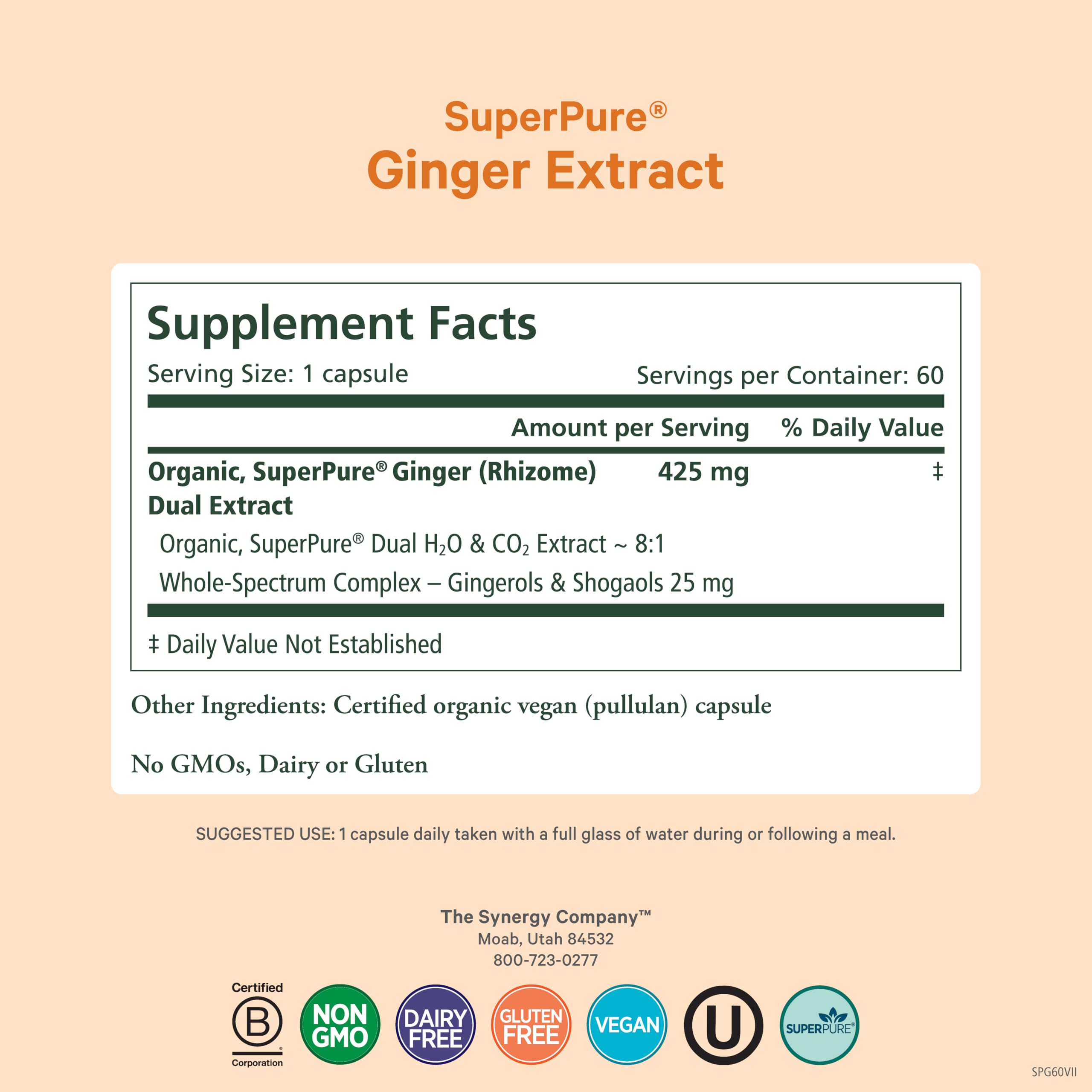 Pure Synergy ginger supplement bottle displaying certified organic and non-GMO labels