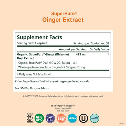 Pure Synergy ginger supplement bottle displaying certified organic and non-GMO labels