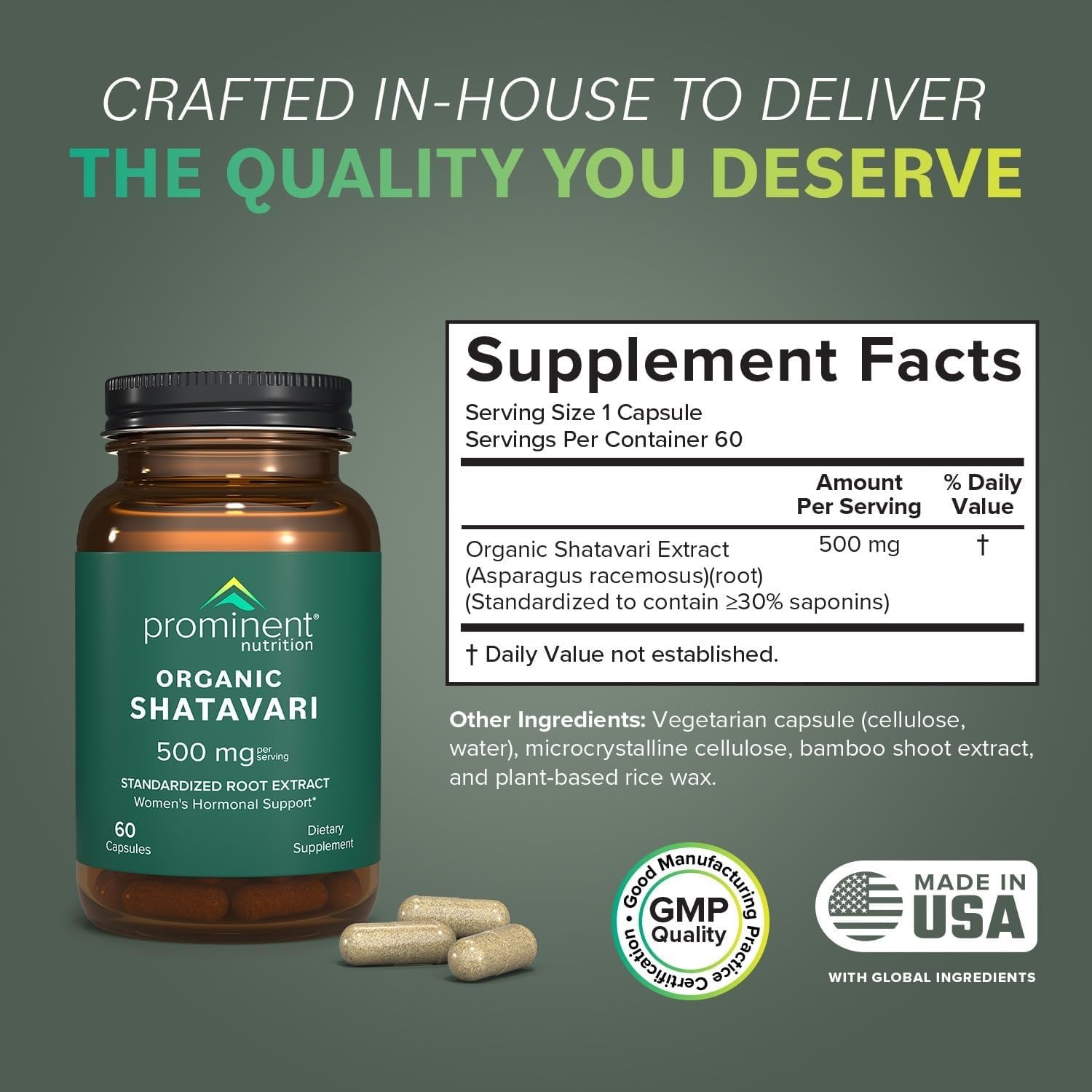 Close up of supplement facts label on Prominent Nutrition Organic Shatavari 500 Milligrams bottle.