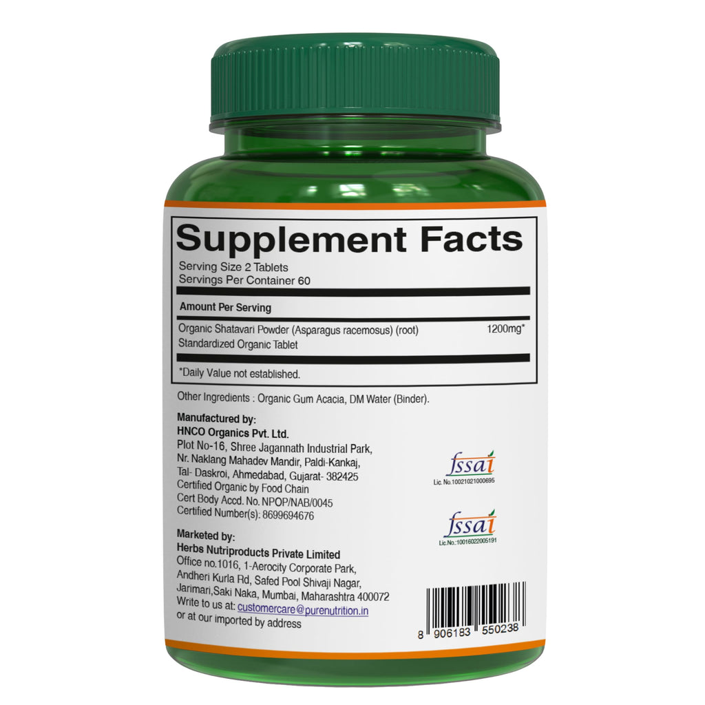 Pure Nutrition organic Shatavari dietary supplement bottle top angle view