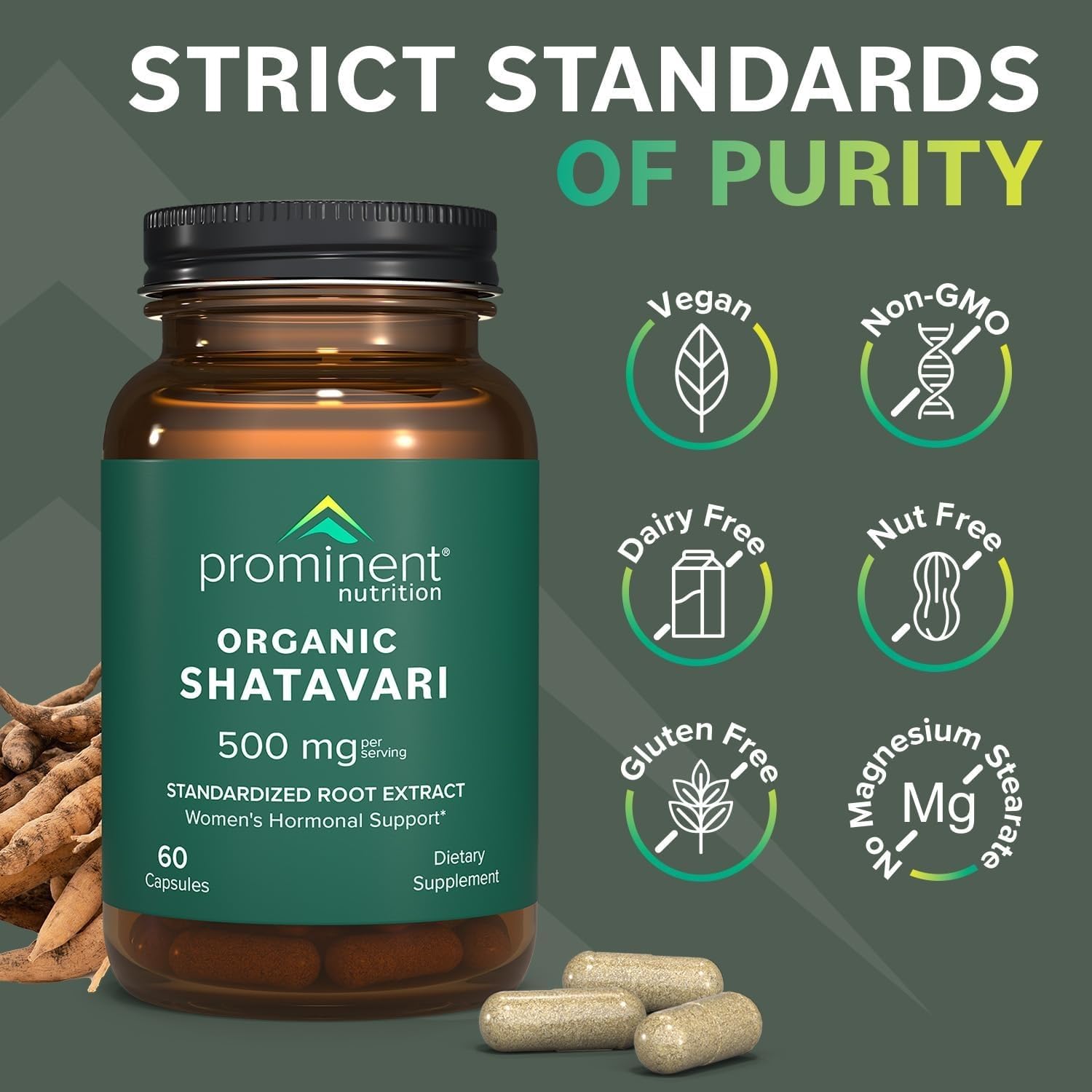Side angle view of the Prominent Nutrition Organic Shatavari bottle highlighting the non-GMO and gluten-free badges.