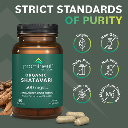 Side angle view of the Prominent Nutrition Organic Shatavari bottle highlighting the non-GMO and gluten-free badges.
