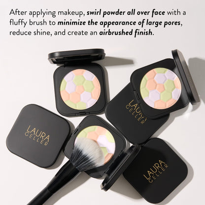 Laura Geller pressed powder compact held in hand