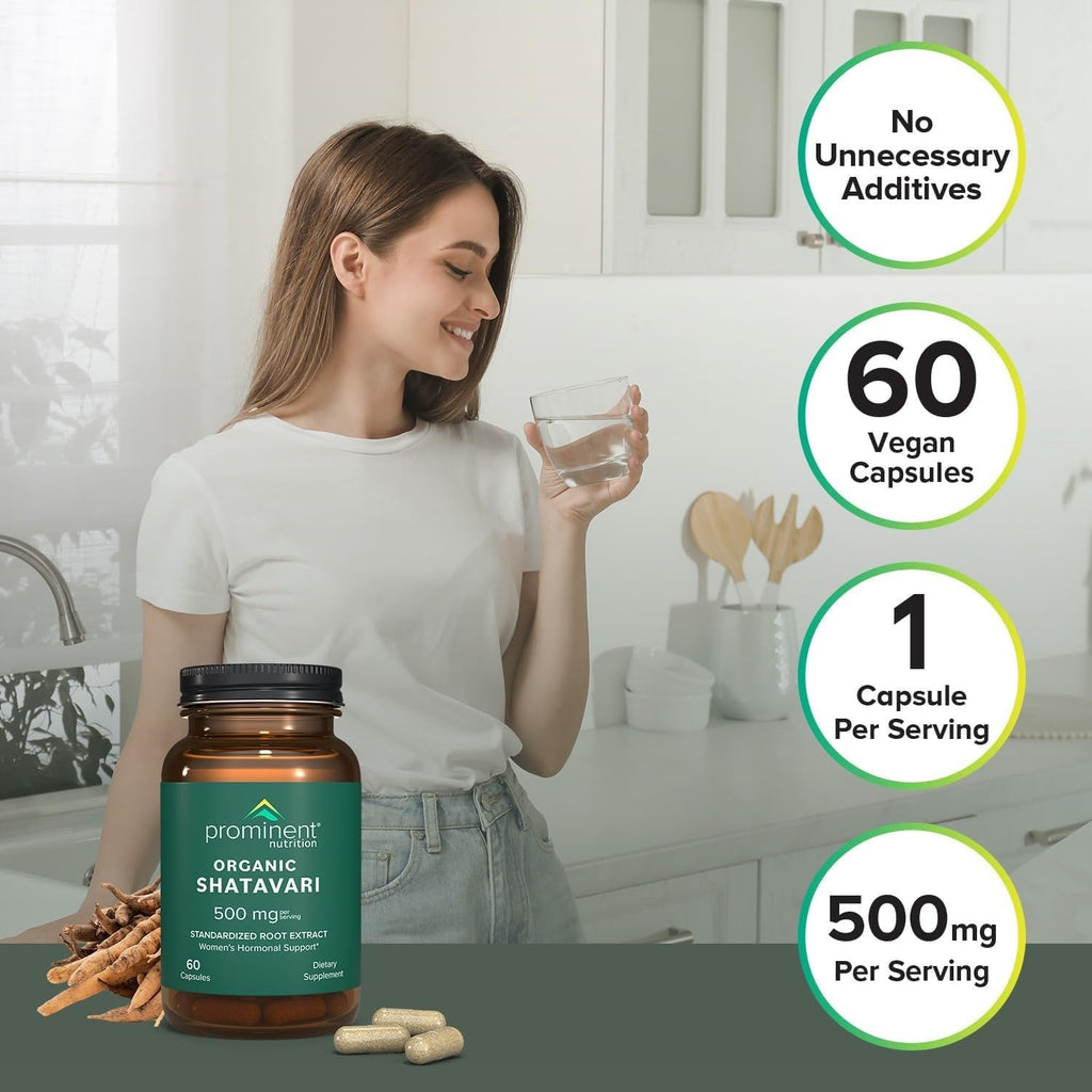 Premium imported Prominent Nutrition Organic Shatavari supplement bottle for women's reproductive wellness.