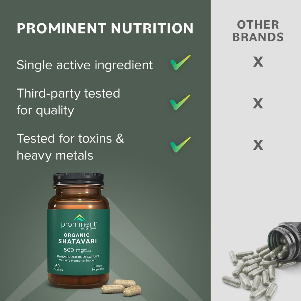 Full product packaging of Prominent Nutrition Organic Shatavari 60 vegetarian capsules displaying directions and safety details.