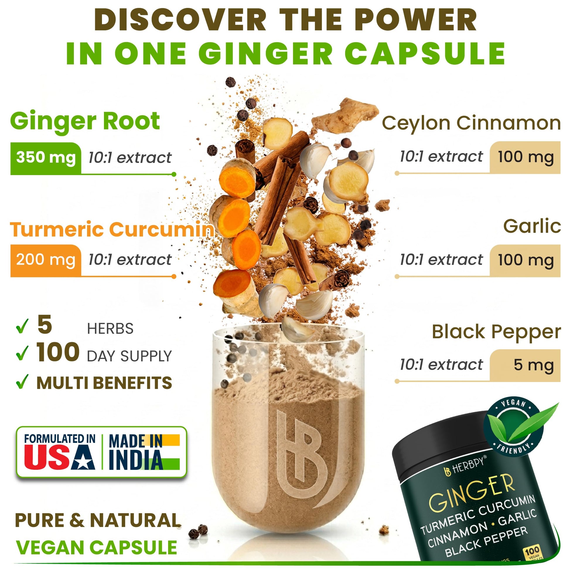Herbpy 5in1 vegan capsules containing ginger turmeric curcumin garlic and ceylon cinnamon close up view