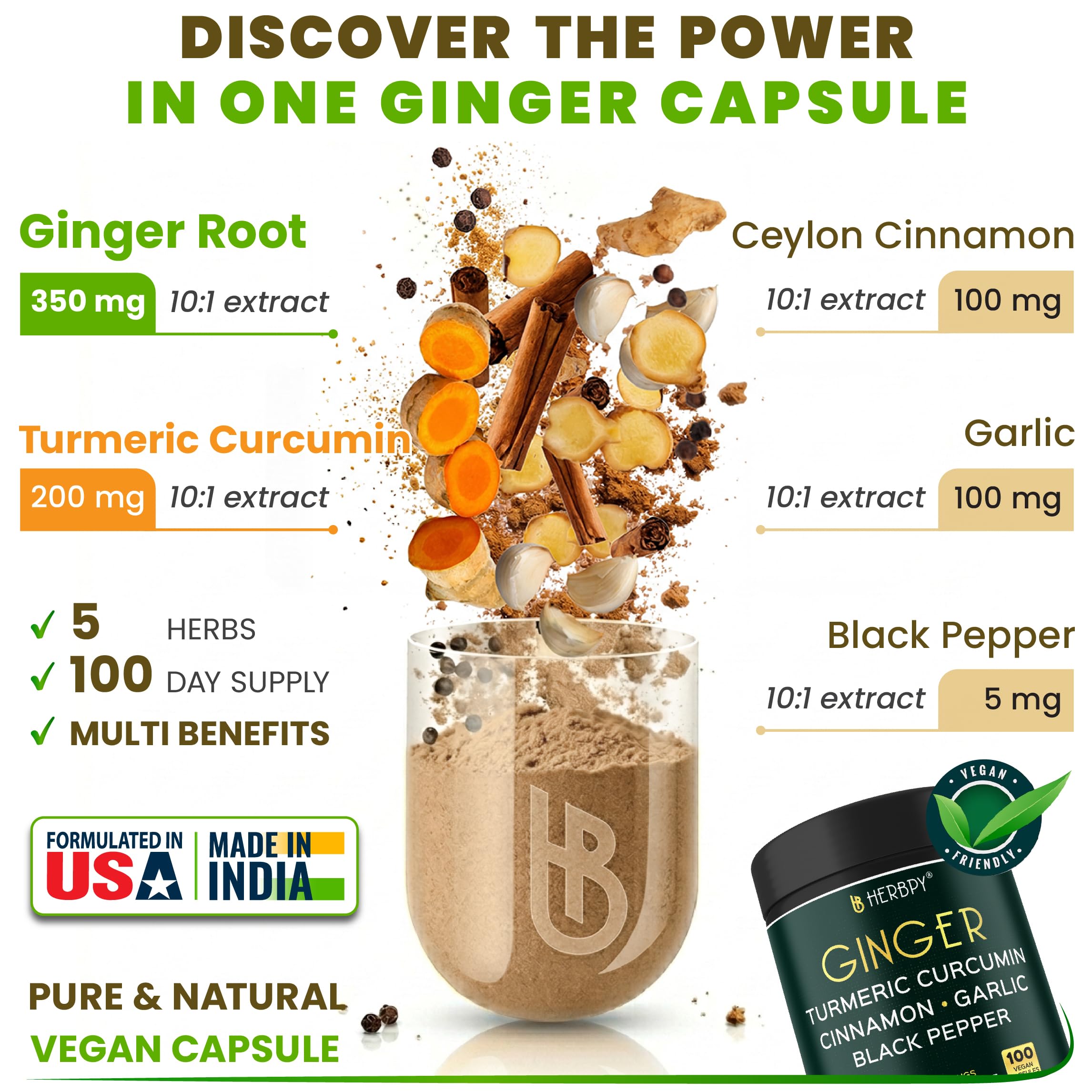 Herbpy 5in1 vegan capsules containing ginger turmeric curcumin garlic and ceylon cinnamon close up view