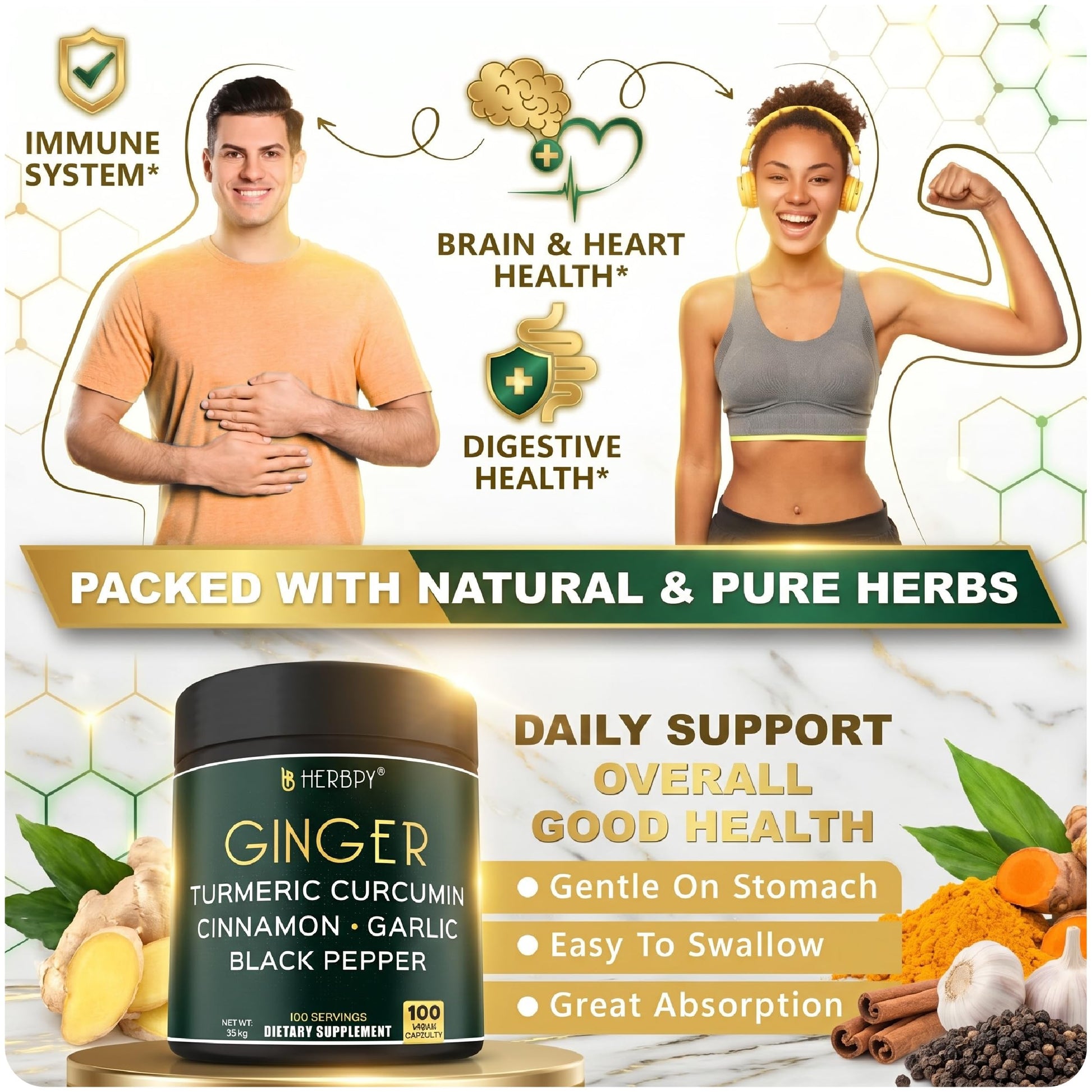 Back label of Herbpy 5in1 Ginger and Turmeric supplement showing nutrition facts and serving size instructions