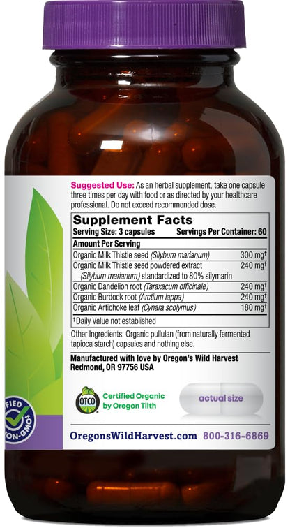 Oregon's Wild Harvest Milk Thistle Dandelion vegan capsules showing standardized eighty percent silymarin label details