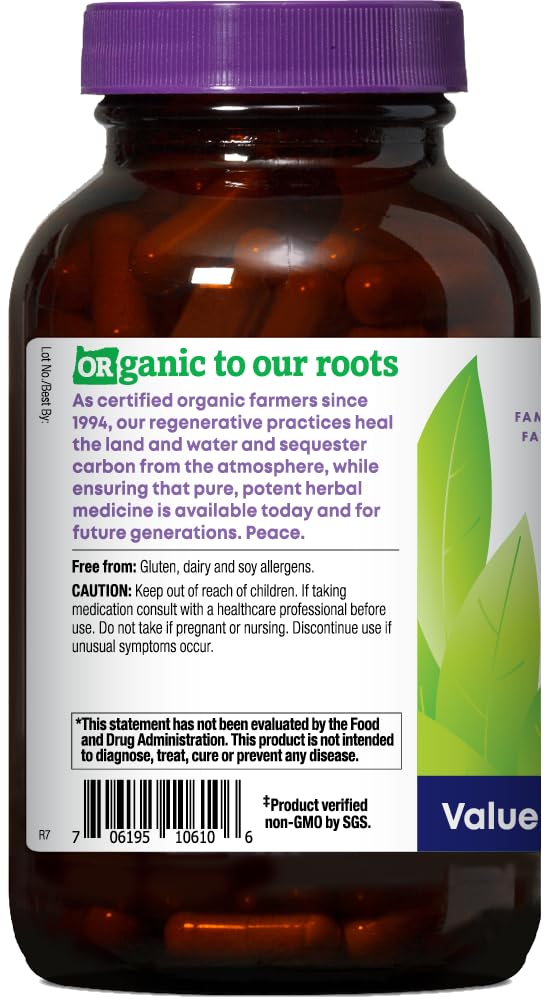 Back label of Oregon's Wild Harvest organic herbal supplement displaying certified organic ingredients and facts