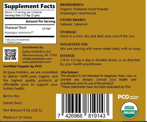 Detailed label of Iyasa Holistics organic Shatavari root powder