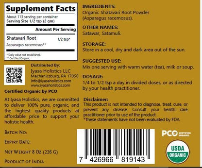 Detailed label of Iyasa Holistics organic Shatavari root powder