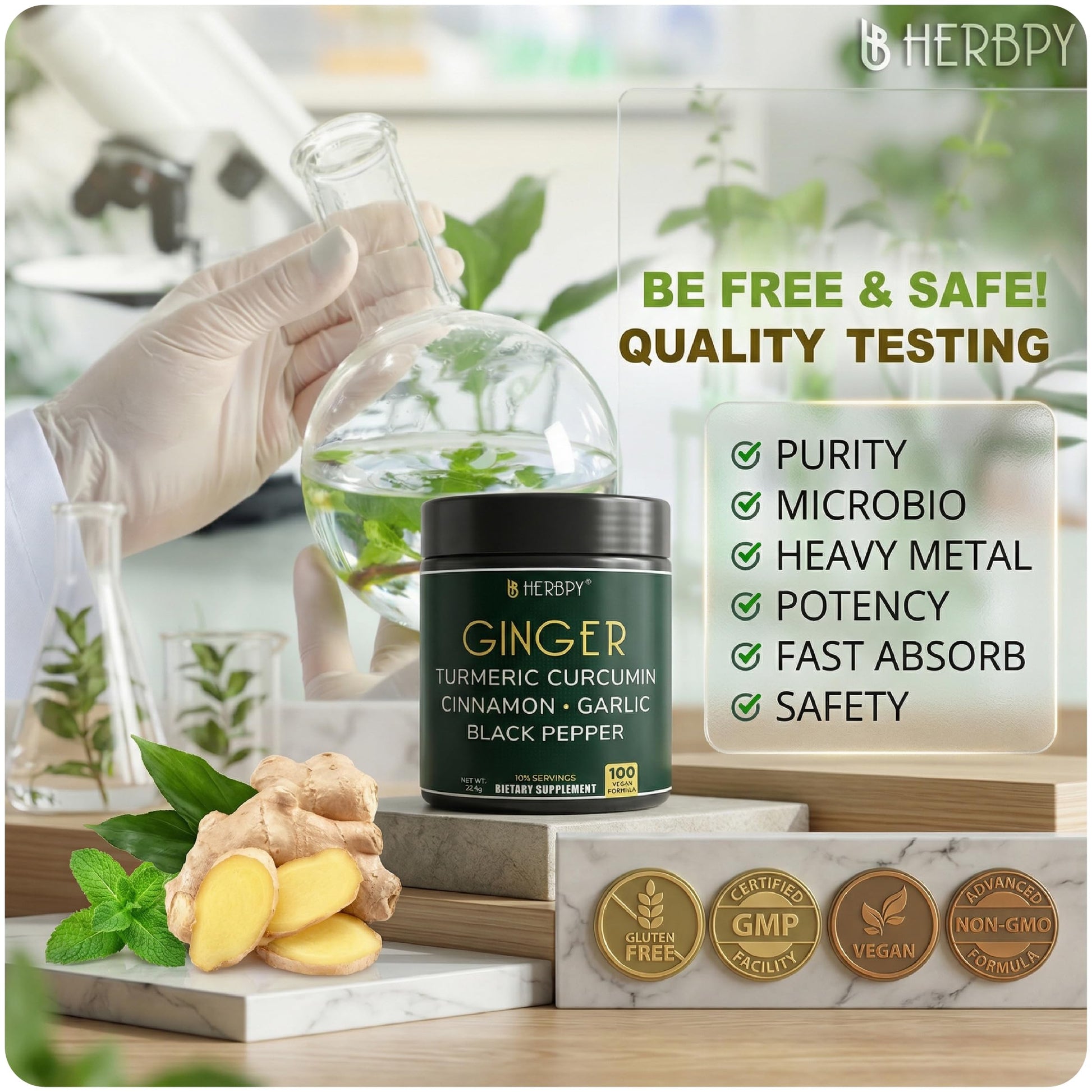 Herbpy 5in1 multi herbal supplement container displayed next to natural ginger and turmeric roots