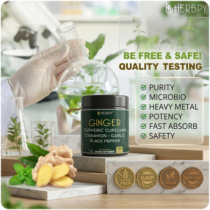 Herbpy 5in1 multi herbal supplement container displayed next to natural ginger and turmeric roots