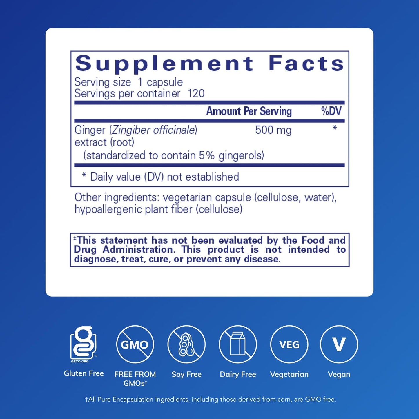 Pure Encapsulations Ginger Extract supplement facts and ingredient label showcasing standardized 5 percent gingerols