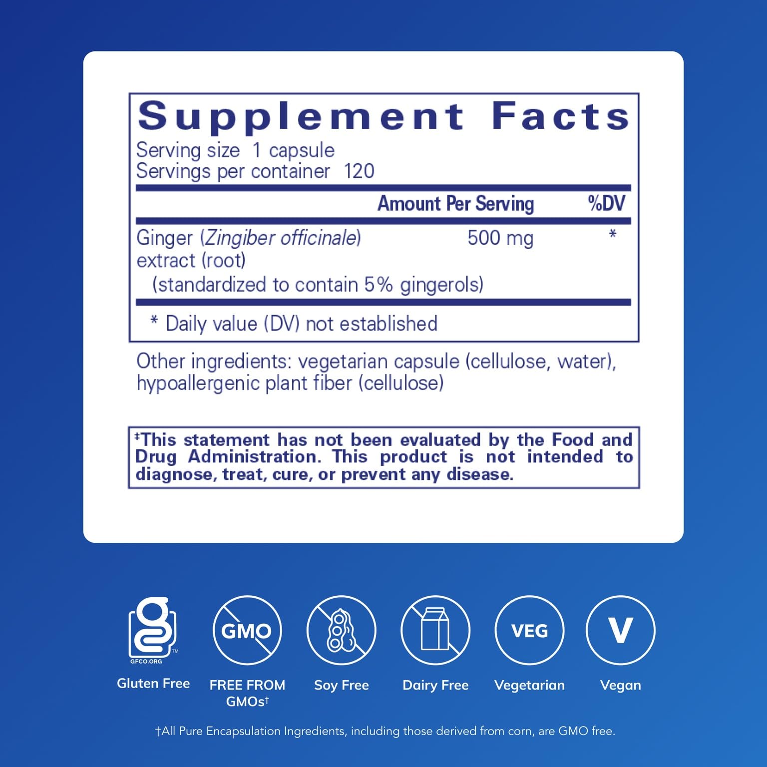 Pure Encapsulations Ginger Extract supplement facts and ingredient label showcasing standardized 5 percent gingerols