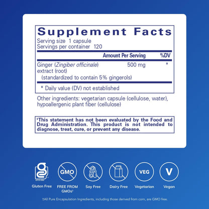 Pure Encapsulations Ginger Extract supplement facts and ingredient label showcasing standardized 5 percent gingerols