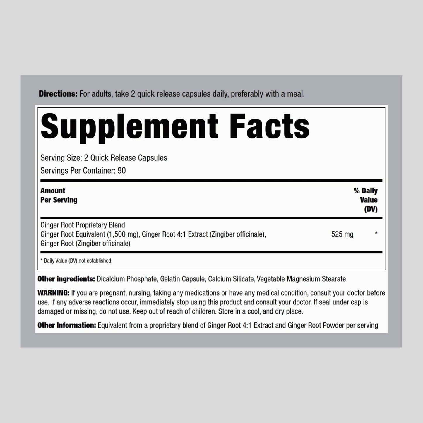 Piping Rock Ginger Root 1500 mg supplement facts and clean non-GMO ingredients label