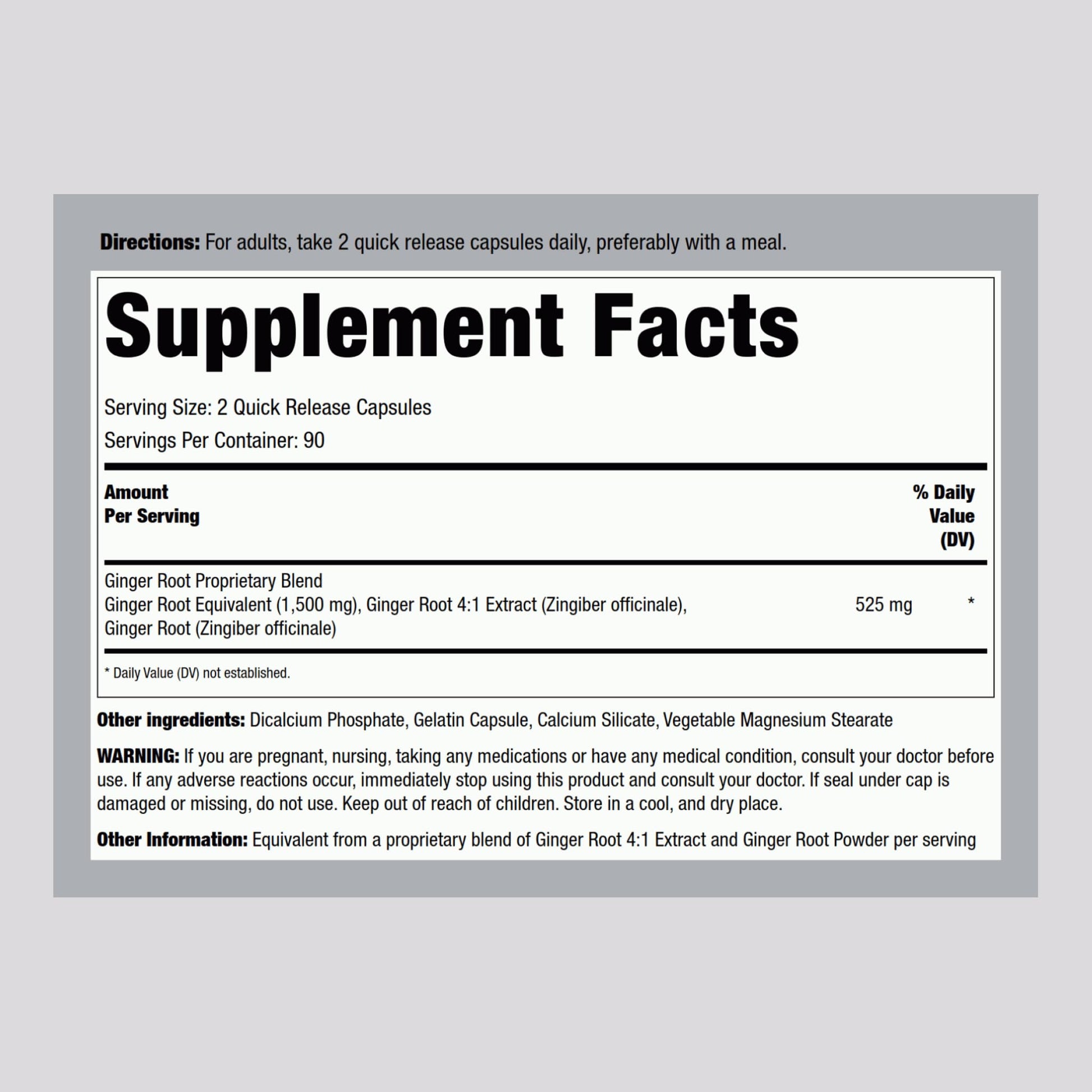 Piping Rock Ginger Root 1500 mg supplement facts and clean non-GMO ingredients label