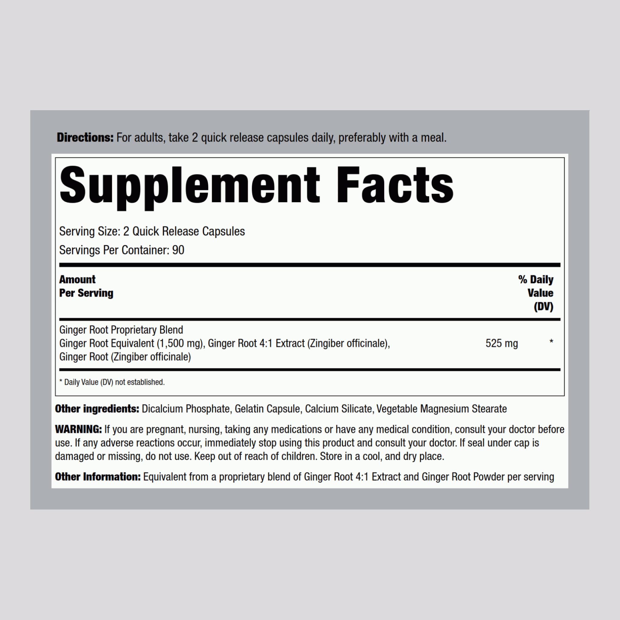 Piping Rock Ginger Root 1500 mg supplement facts and clean non-GMO ingredients label