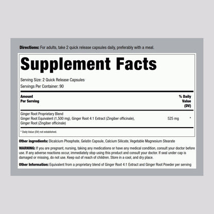 Piping Rock Ginger Root 1500 mg supplement facts and clean non-GMO ingredients label