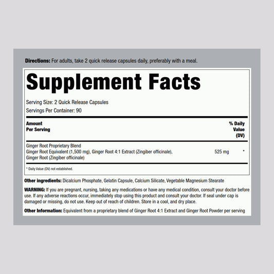 Piping Rock Ginger Root 1500 mg supplement facts and clean non-GMO ingredients label