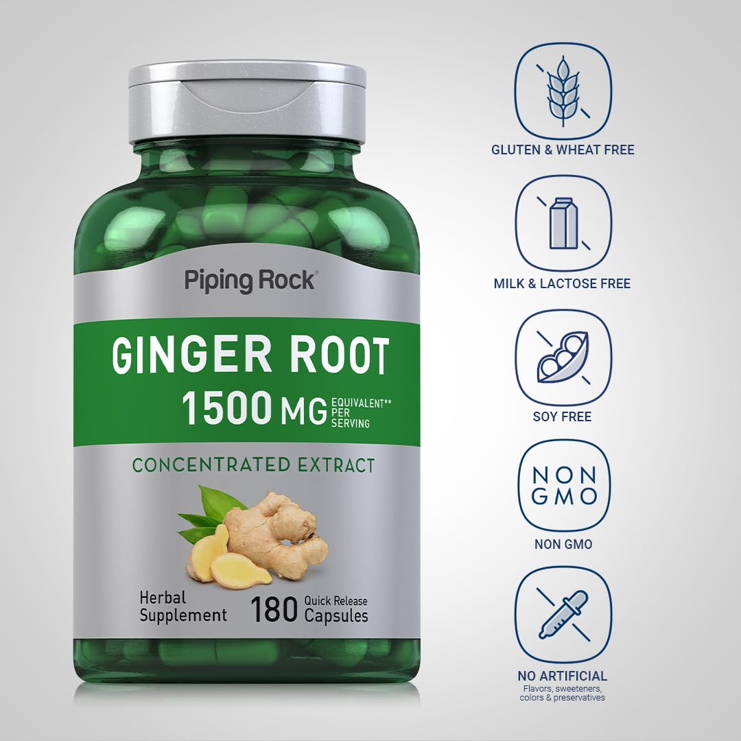 Authentic Piping Rock quick-release ginger capsules for natural nausea relief