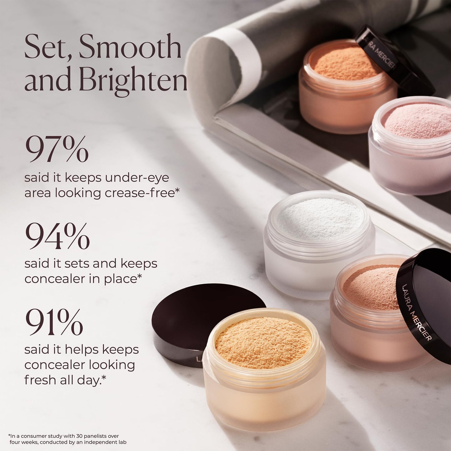 Laura Mercier secret brightening under eye setting powder demonstrating the translucent texture on skin