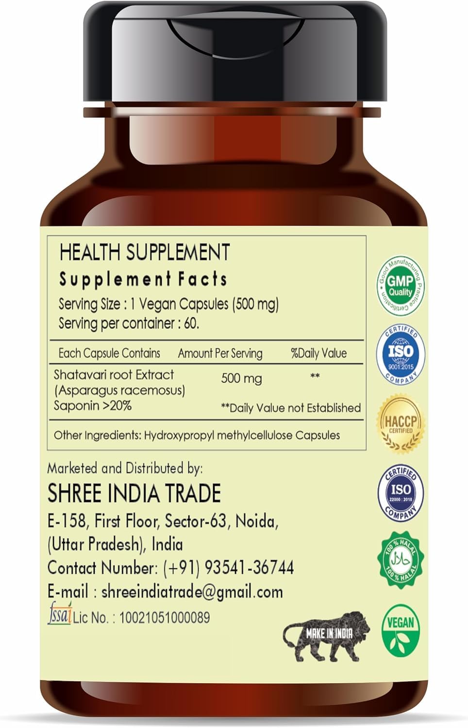 Ayurvedashree Asparagus racemosus capsules packaging back label with dietary ingredient facts