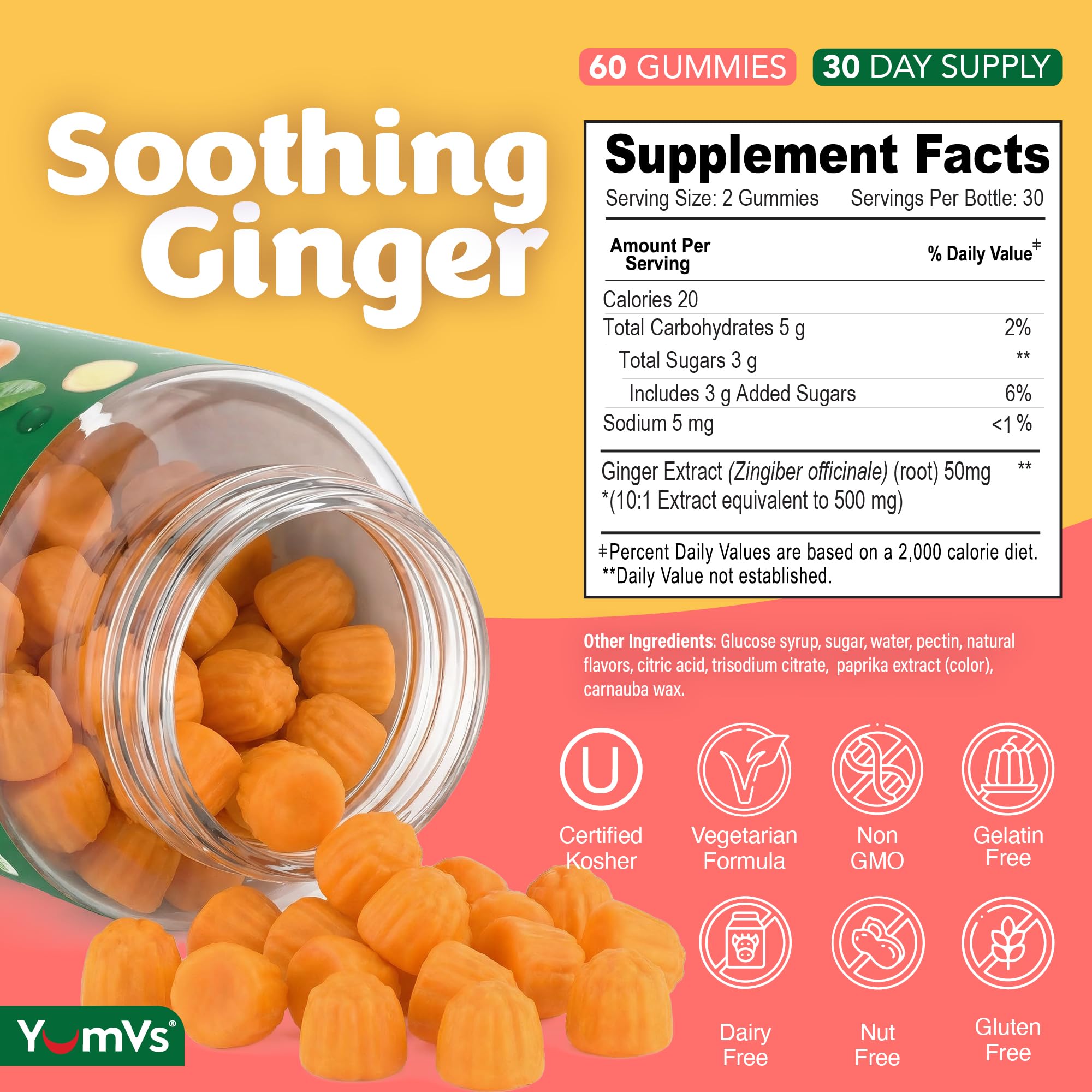 Vegan and gelatin-free ginger root extract chewable supplements for healthy gut comfort.