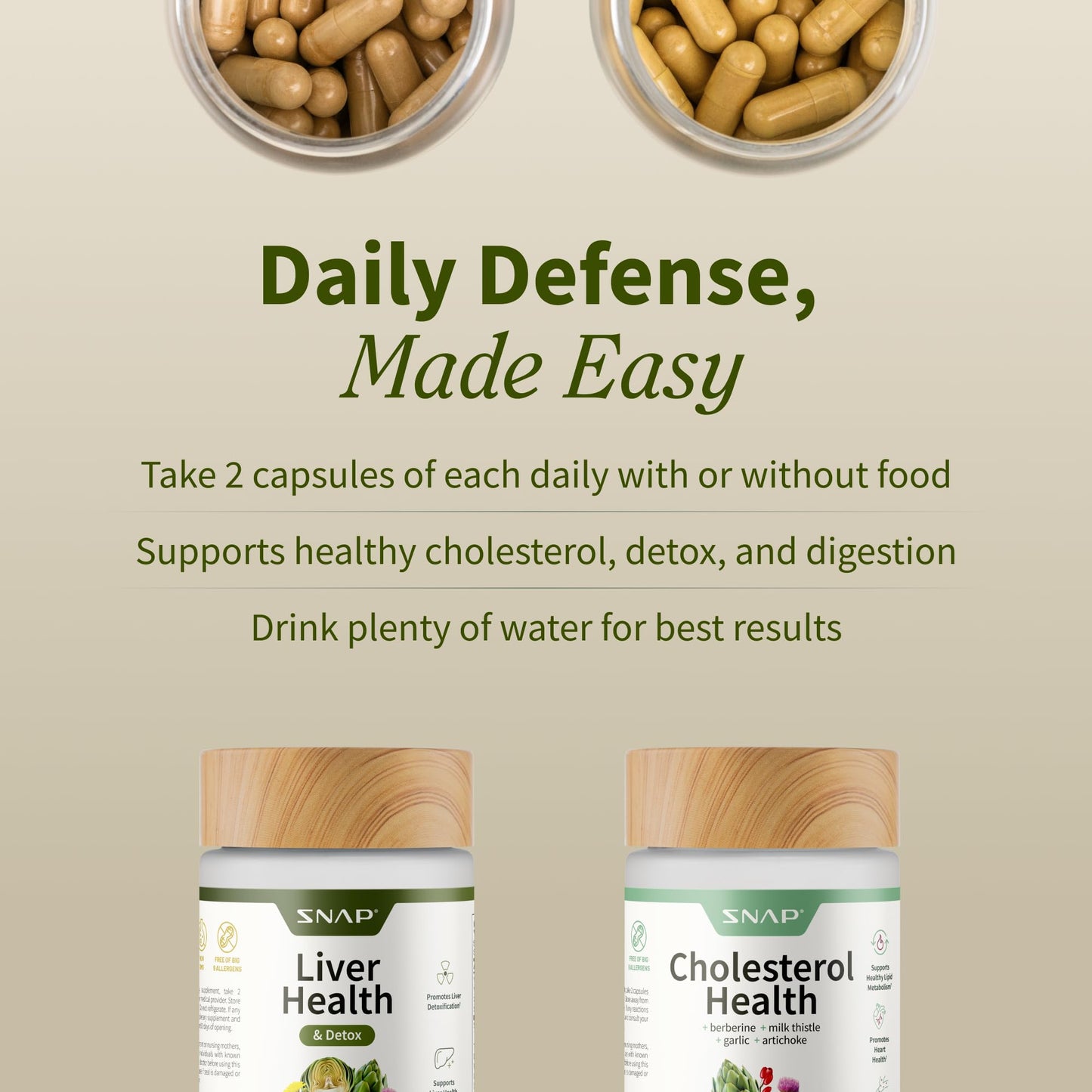 Snap Supplements dual-action wellness bundle displaying the non-GMO and vegan product badges.