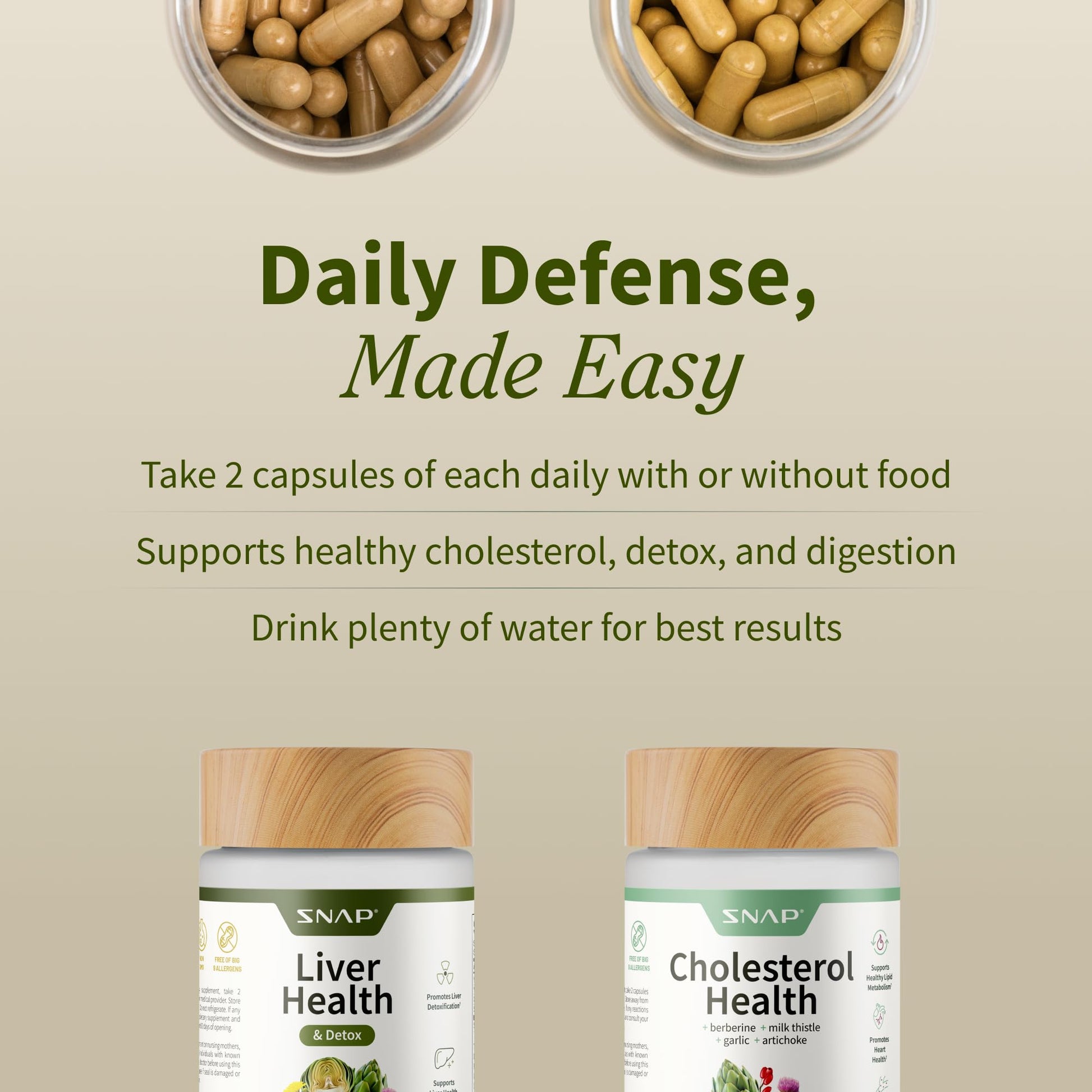 Snap Supplements dual-action wellness bundle displaying the non-GMO and vegan product badges.