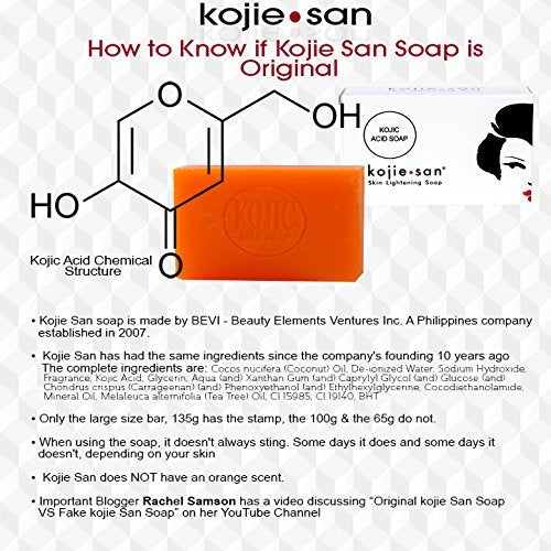 Back packaging of Kojie San face and body soap detailing key ingredients like coconut oil and tea tree oil