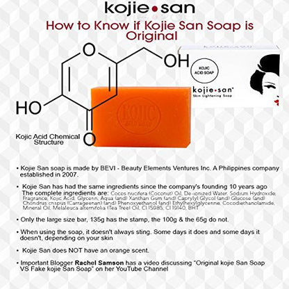 Back packaging of Kojie San face and body soap detailing key ingredients like coconut oil and tea tree oil